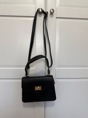 Black Structured Crossbody Bag with Top Handle - Minimal Gold Accent